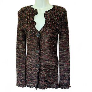 BCBGMaxAzria Button Front V-Neck Cardigan Marled Black Red Gold  Casual Chic